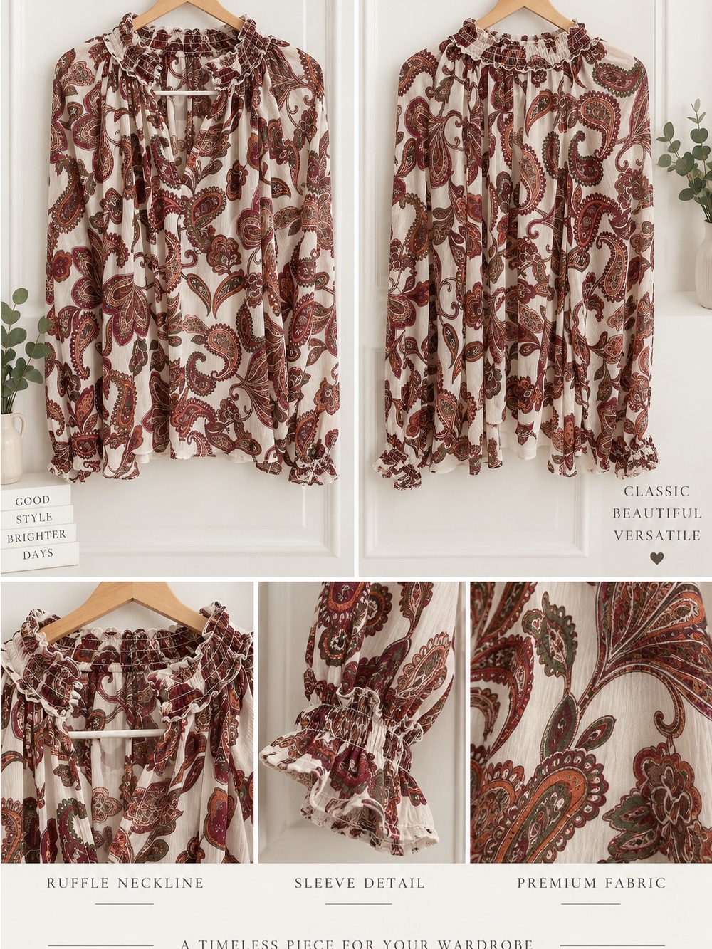 BCBG Cream Paisley Ruffle-Neck Blouse with Brown and Rust Accents
